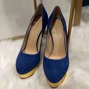 *NEW* CHARLOTTE OLYMPIA Dolly Suede Platform Pumps/Navy/37.5